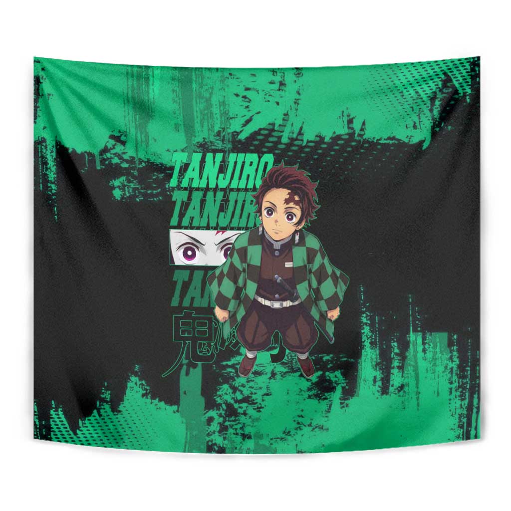 Tanjiro Kamado Demon Slayer Green Grunge Design Tapestry with Determined Eyes and Classic Checkered Haori - The Mazicc