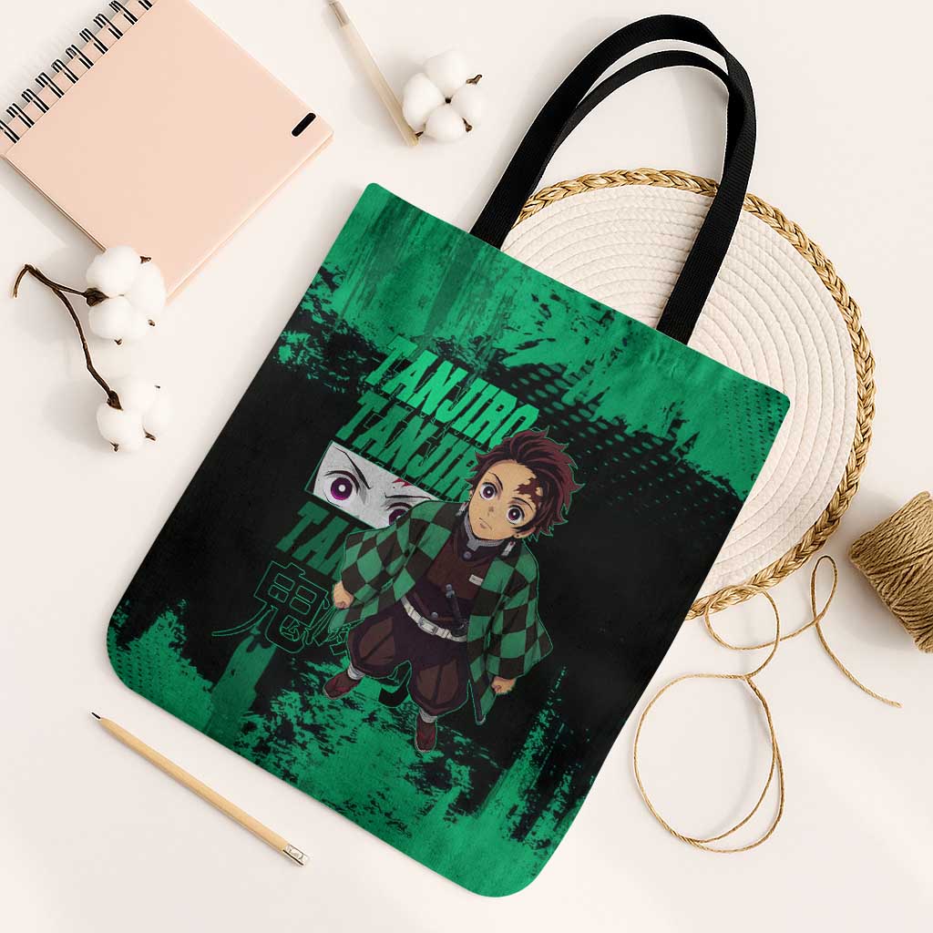 Tanjiro Kamado Demon Slayer Green Grunge Design Tote Bag with Determined Eyes and Classic Checkered Haori - The Mazicc