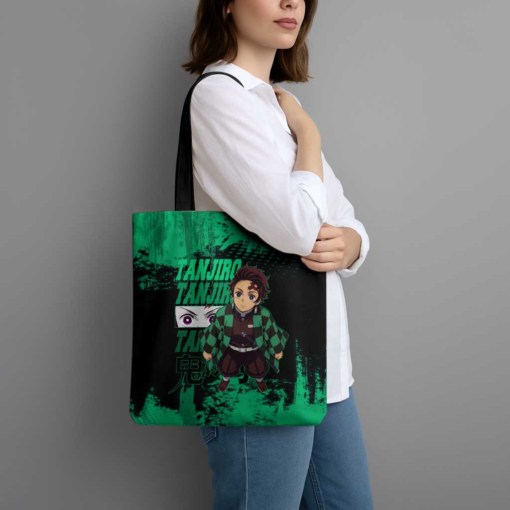 Tanjiro Kamado Demon Slayer Green Grunge Design Tote Bag with Determined Eyes and Classic Checkered Haori - The Mazicc