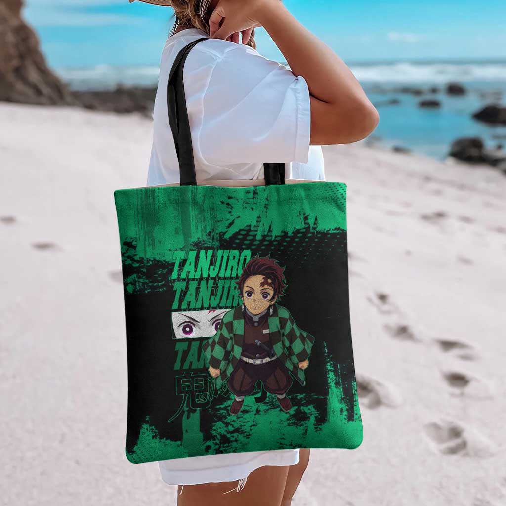 Tanjiro Kamado Demon Slayer Green Grunge Design Tote Bag with Determined Eyes and Classic Checkered Haori - The Mazicc