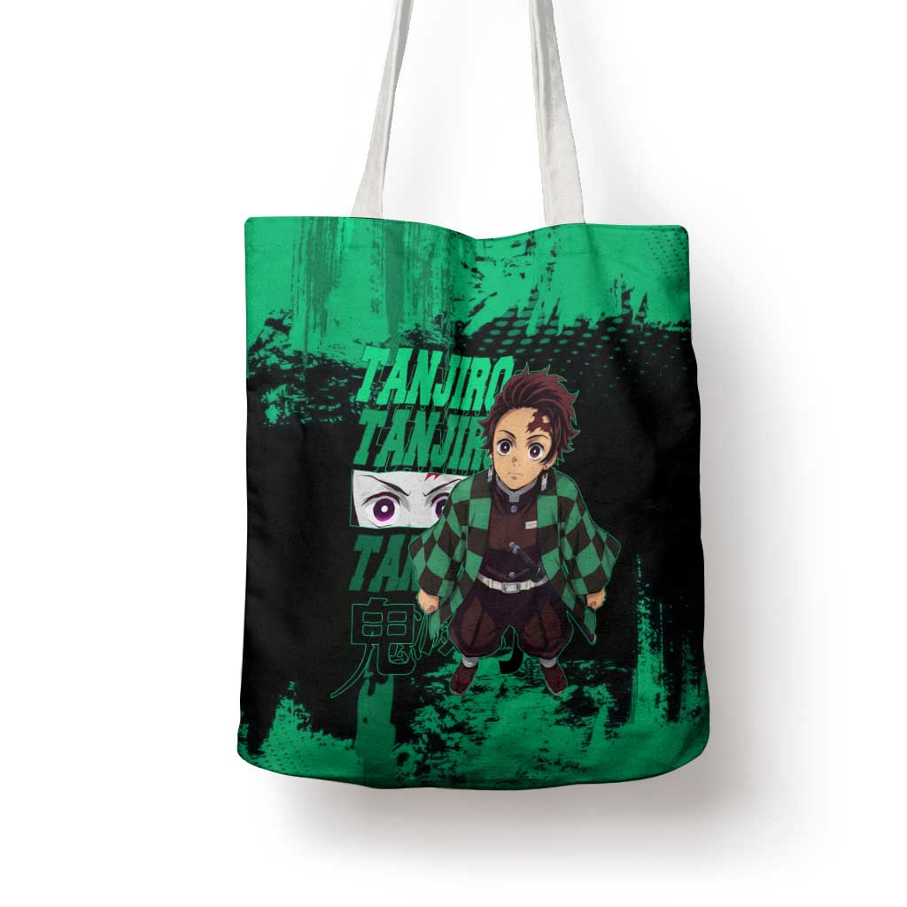 Tanjiro Kamado Demon Slayer Green Grunge Design Tote Bag with Determined Eyes and Classic Checkered Haori - The Mazicc