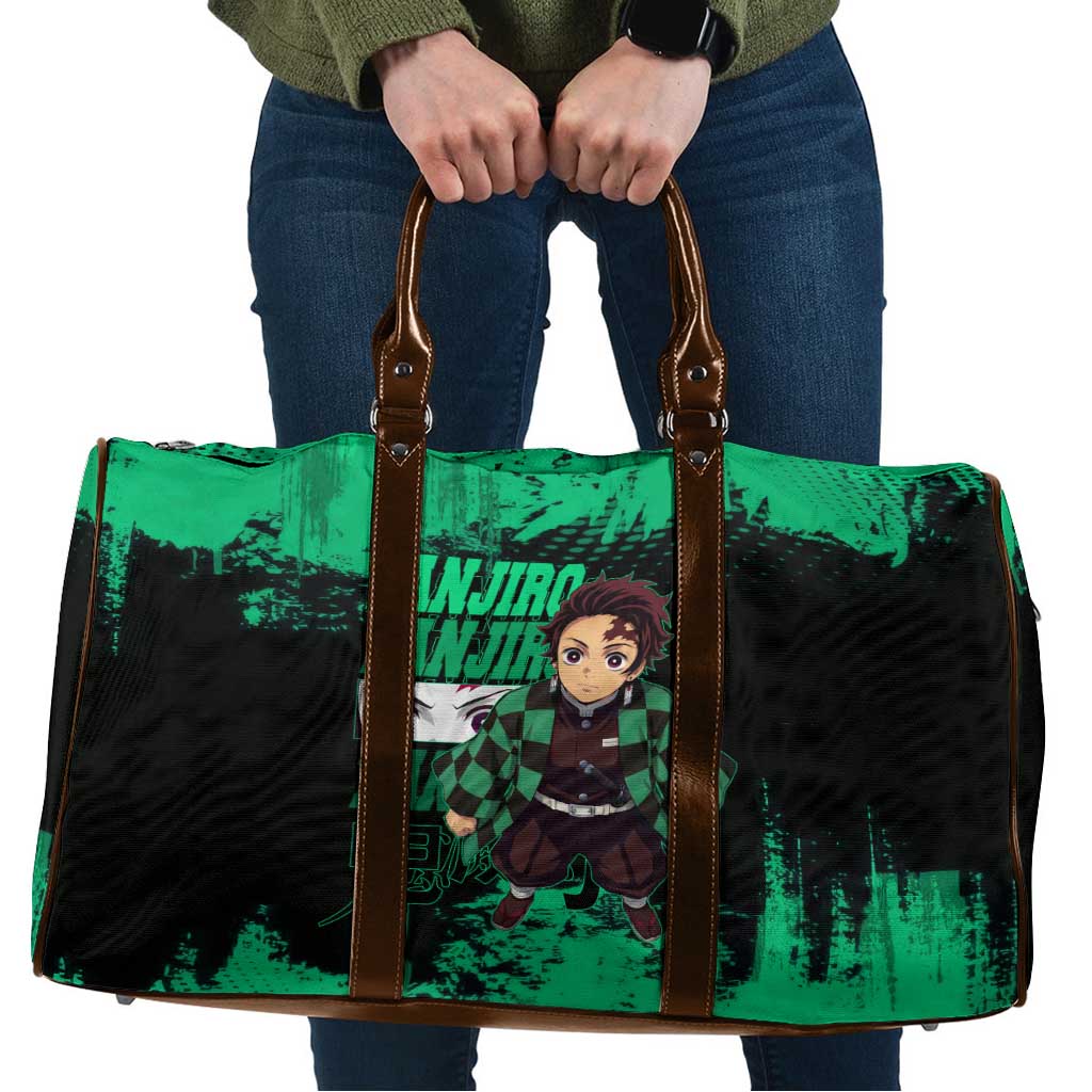 Tanjiro Kamado Demon Slayer Green Grunge Design Travel Bag with Determined Eyes and Classic Checkered Haori - The Mazicc
