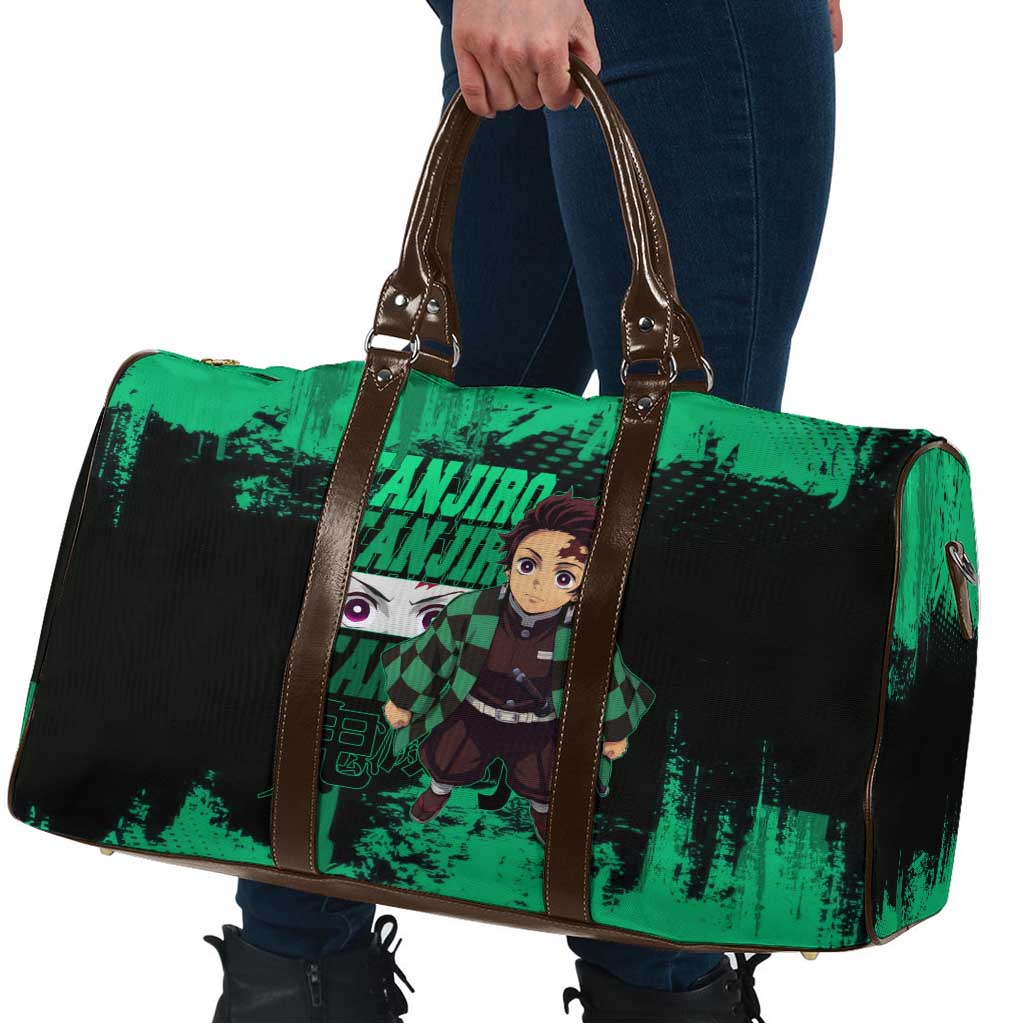 Tanjiro Kamado Demon Slayer Green Grunge Design Travel Bag with Determined Eyes and Classic Checkered Haori - The Mazicc
