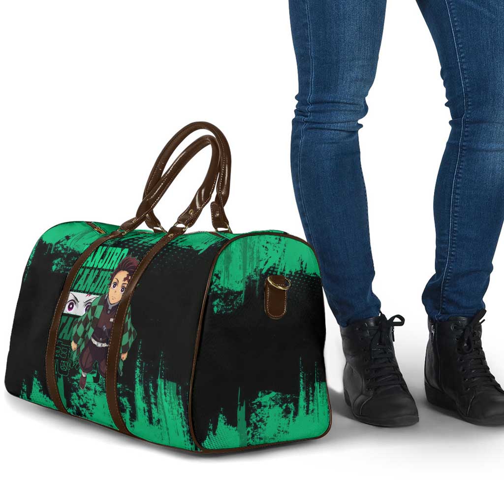 Tanjiro Kamado Demon Slayer Green Grunge Design Travel Bag with Determined Eyes and Classic Checkered Haori - The Mazicc