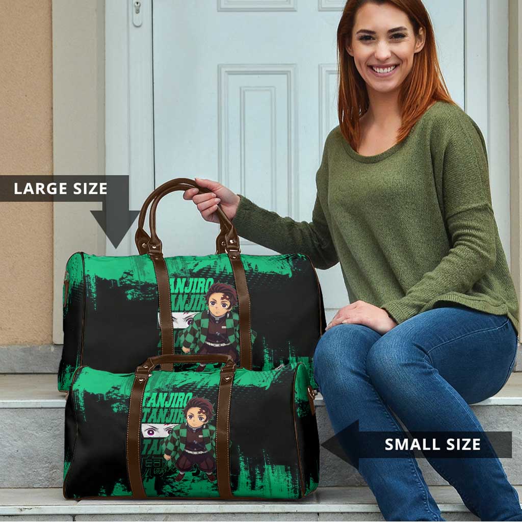 Tanjiro Kamado Demon Slayer Green Grunge Design Travel Bag with Determined Eyes and Classic Checkered Haori - The Mazicc