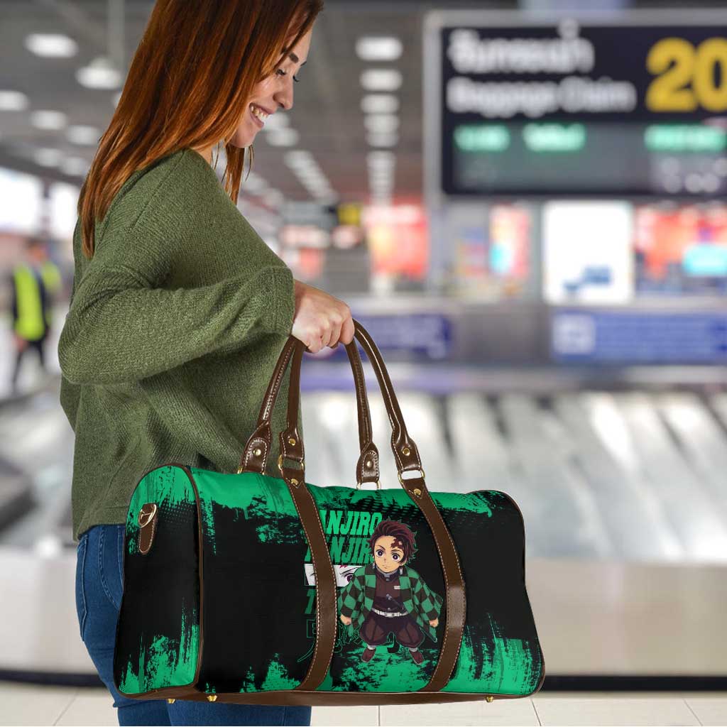 Tanjiro Kamado Demon Slayer Green Grunge Design Travel Bag with Determined Eyes and Classic Checkered Haori - The Mazicc