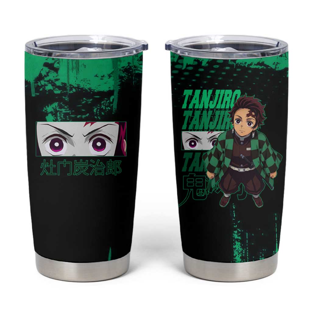 Tanjiro Kamado Demon Slayer Green Grunge Design Tumbler Cup with Determined Eyes and Classic Checkered Haori - The Mazicc