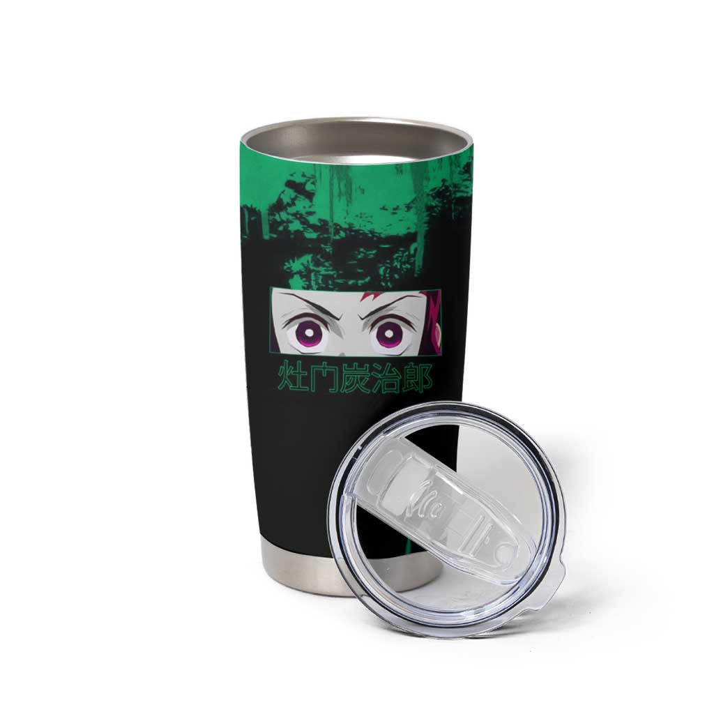 Tanjiro Kamado Demon Slayer Green Grunge Design Tumbler Cup with Determined Eyes and Classic Checkered Haori - The Mazicc