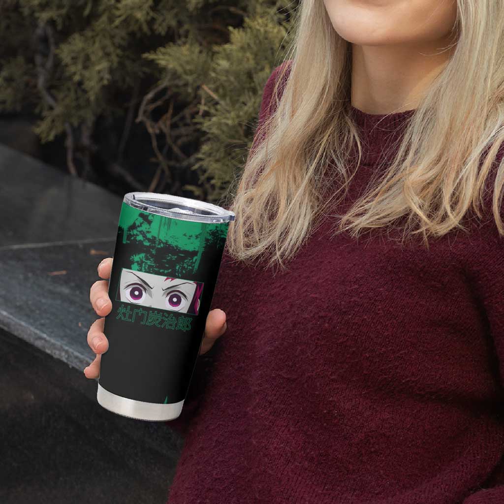Tanjiro Kamado Demon Slayer Green Grunge Design Tumbler Cup with Determined Eyes and Classic Checkered Haori - The Mazicc