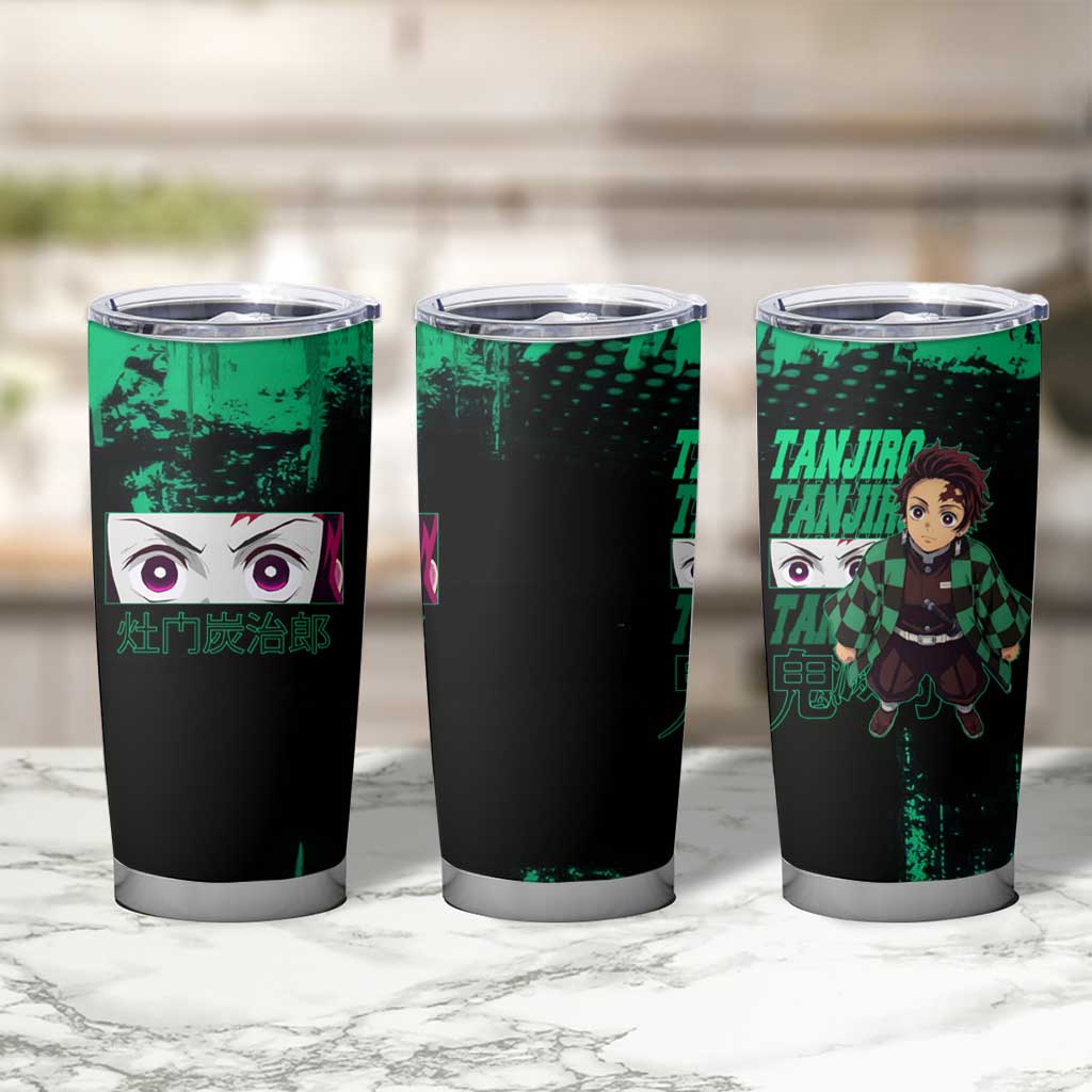 Tanjiro Kamado Demon Slayer Green Grunge Design Tumbler Cup with Determined Eyes and Classic Checkered Haori - The Mazicc