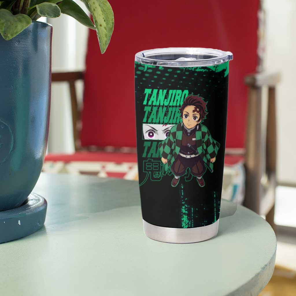 Tanjiro Kamado Demon Slayer Green Grunge Design Tumbler Cup with Determined Eyes and Classic Checkered Haori - The Mazicc