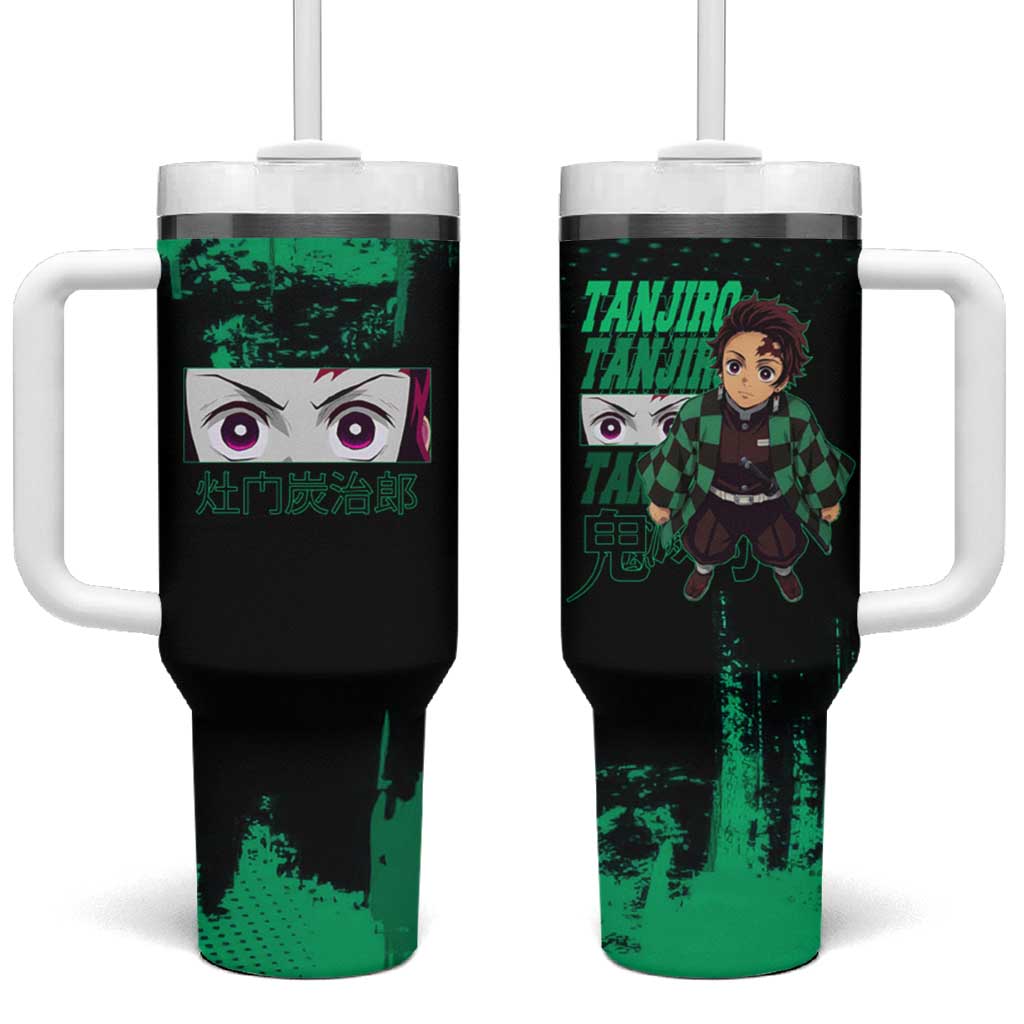Tanjiro Kamado Demon Slayer Green Grunge Design Tumbler With Handle with Determined Eyes and Classic Checkered Haori - The Mazicc