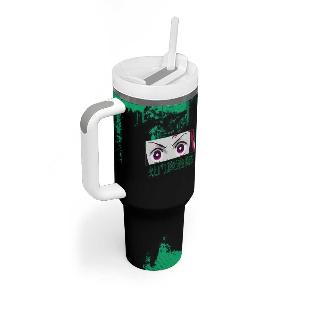 Tanjiro Kamado Demon Slayer Green Grunge Design Tumbler With Handle with Determined Eyes and Classic Checkered Haori - The Mazicc