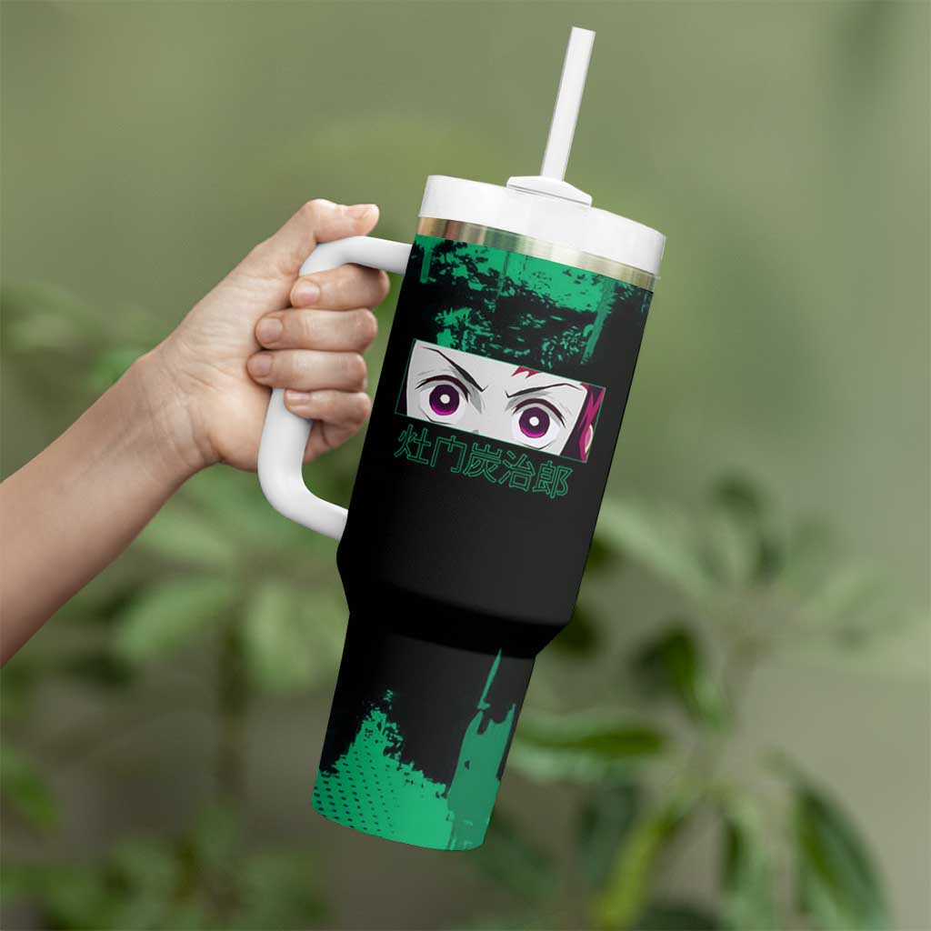 Tanjiro Kamado Demon Slayer Green Grunge Design Tumbler With Handle with Determined Eyes and Classic Checkered Haori - The Mazicc