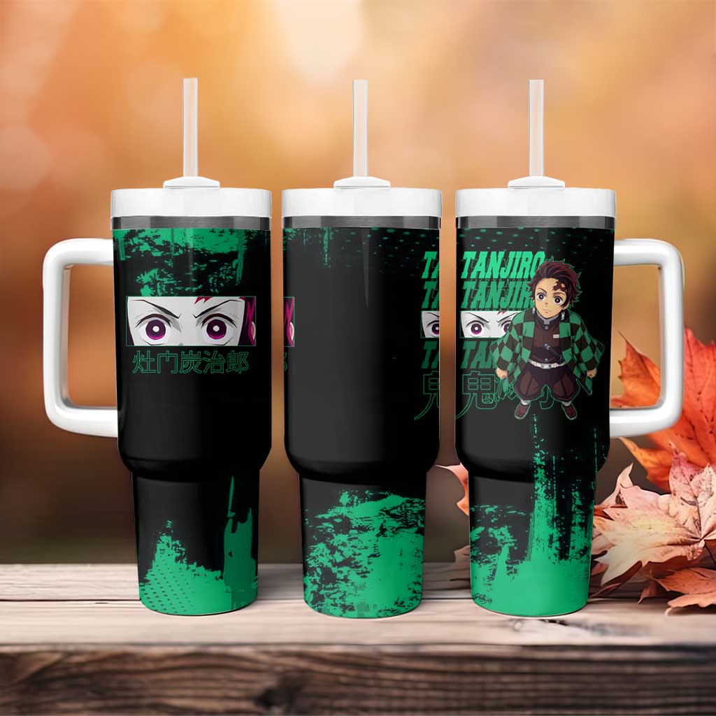Tanjiro Kamado Demon Slayer Green Grunge Design Tumbler With Handle with Determined Eyes and Classic Checkered Haori - The Mazicc