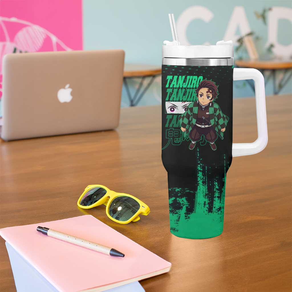 Tanjiro Kamado Demon Slayer Green Grunge Design Tumbler With Handle with Determined Eyes and Classic Checkered Haori - The Mazicc