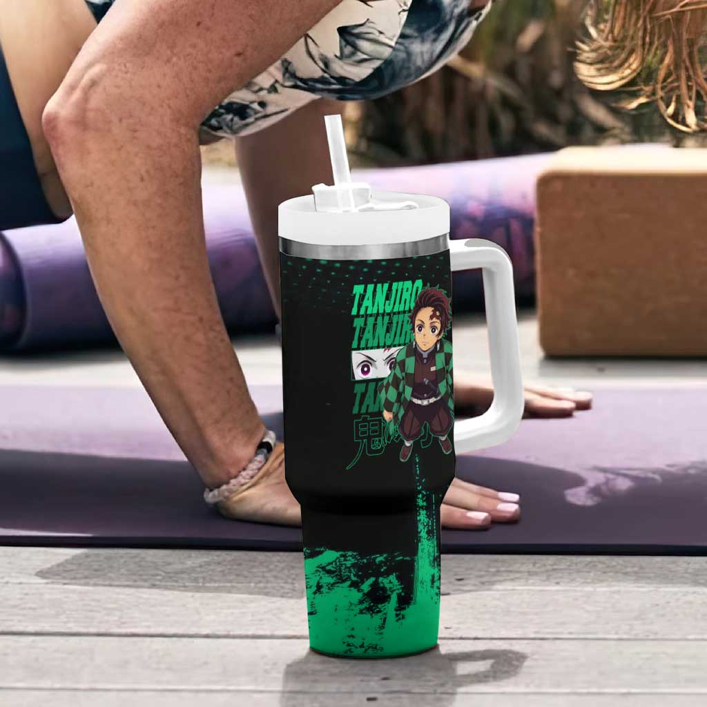 Tanjiro Kamado Demon Slayer Green Grunge Design Tumbler With Handle with Determined Eyes and Classic Checkered Haori - The Mazicc