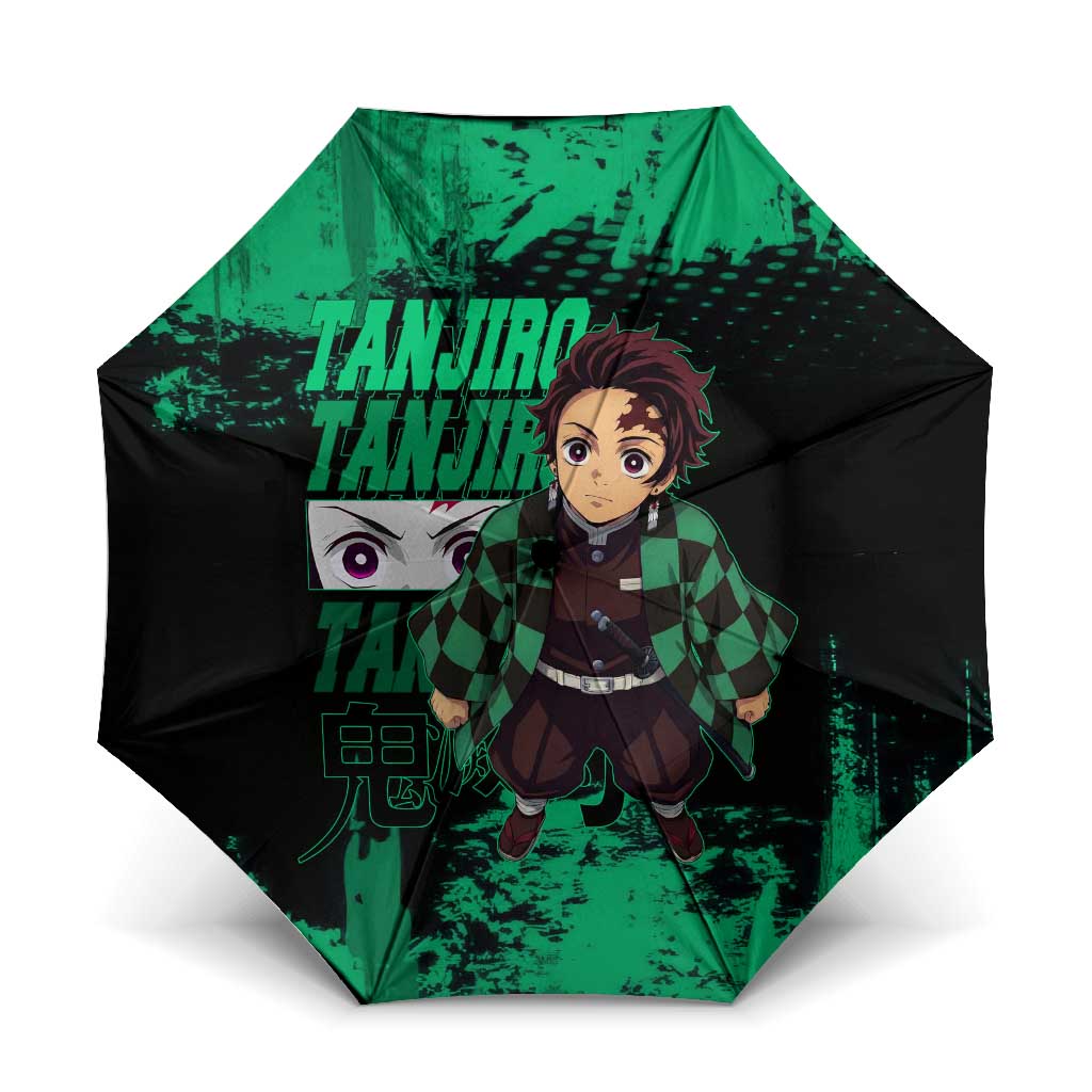 Tanjiro Kamado Demon Slayer Green Grunge Design Umbrella with Determined Eyes and Classic Checkered Haori - The Mazicc