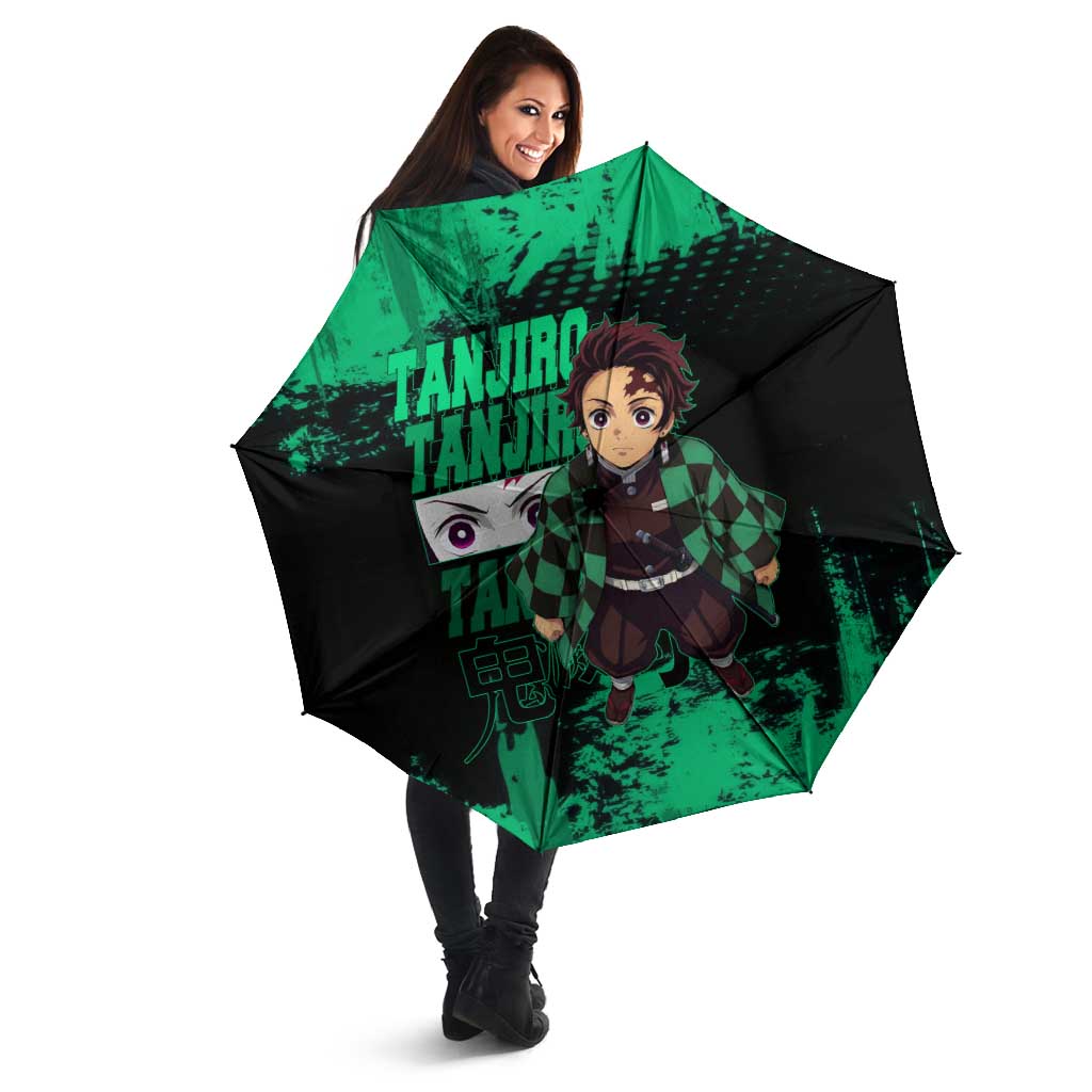 Tanjiro Kamado Demon Slayer Green Grunge Design Umbrella with Determined Eyes and Classic Checkered Haori - The Mazicc