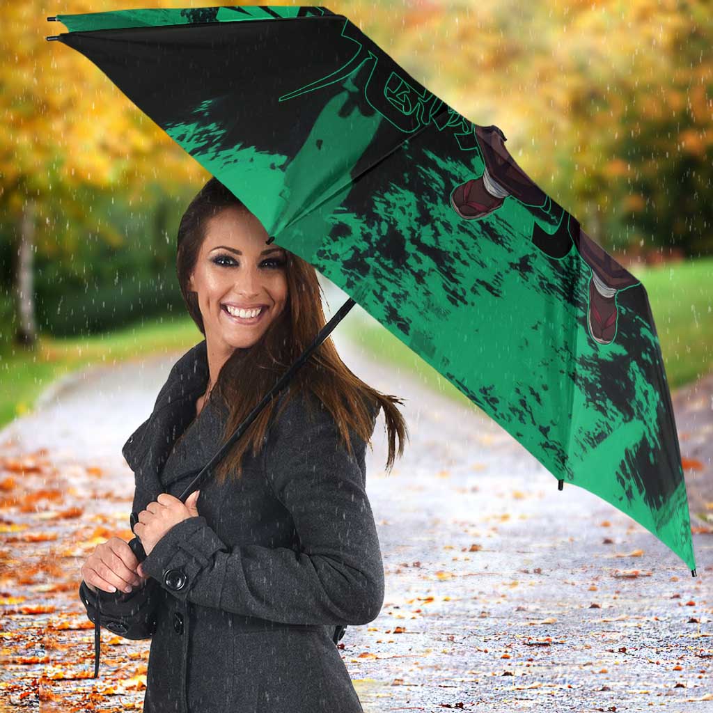 Tanjiro Kamado Demon Slayer Green Grunge Design Umbrella with Determined Eyes and Classic Checkered Haori - The Mazicc
