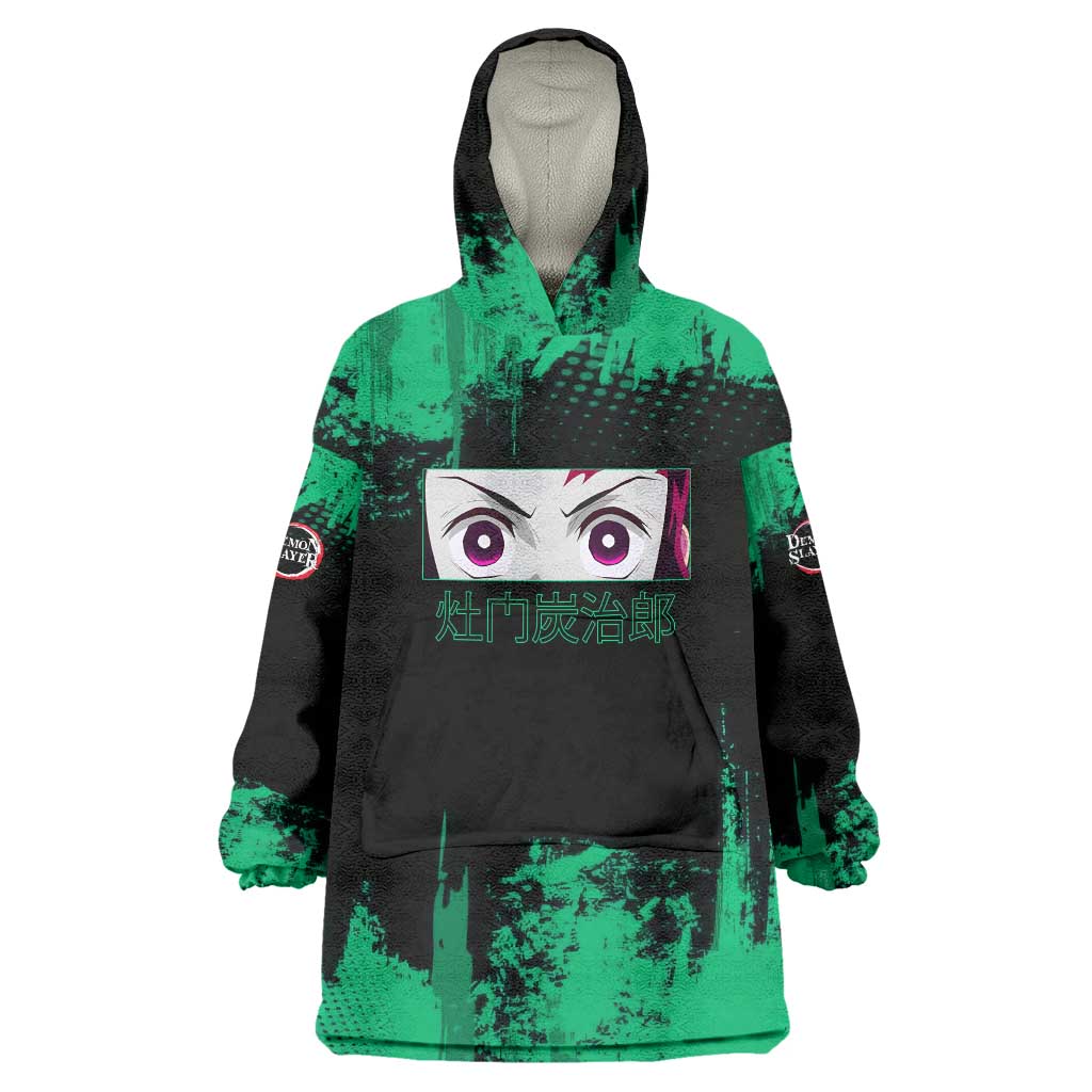 Tanjiro Kamado Demon Slayer Green Grunge Design Wearable Blanket Hoodie with Determined Eyes and Classic Checkered Haori - The Mazicc