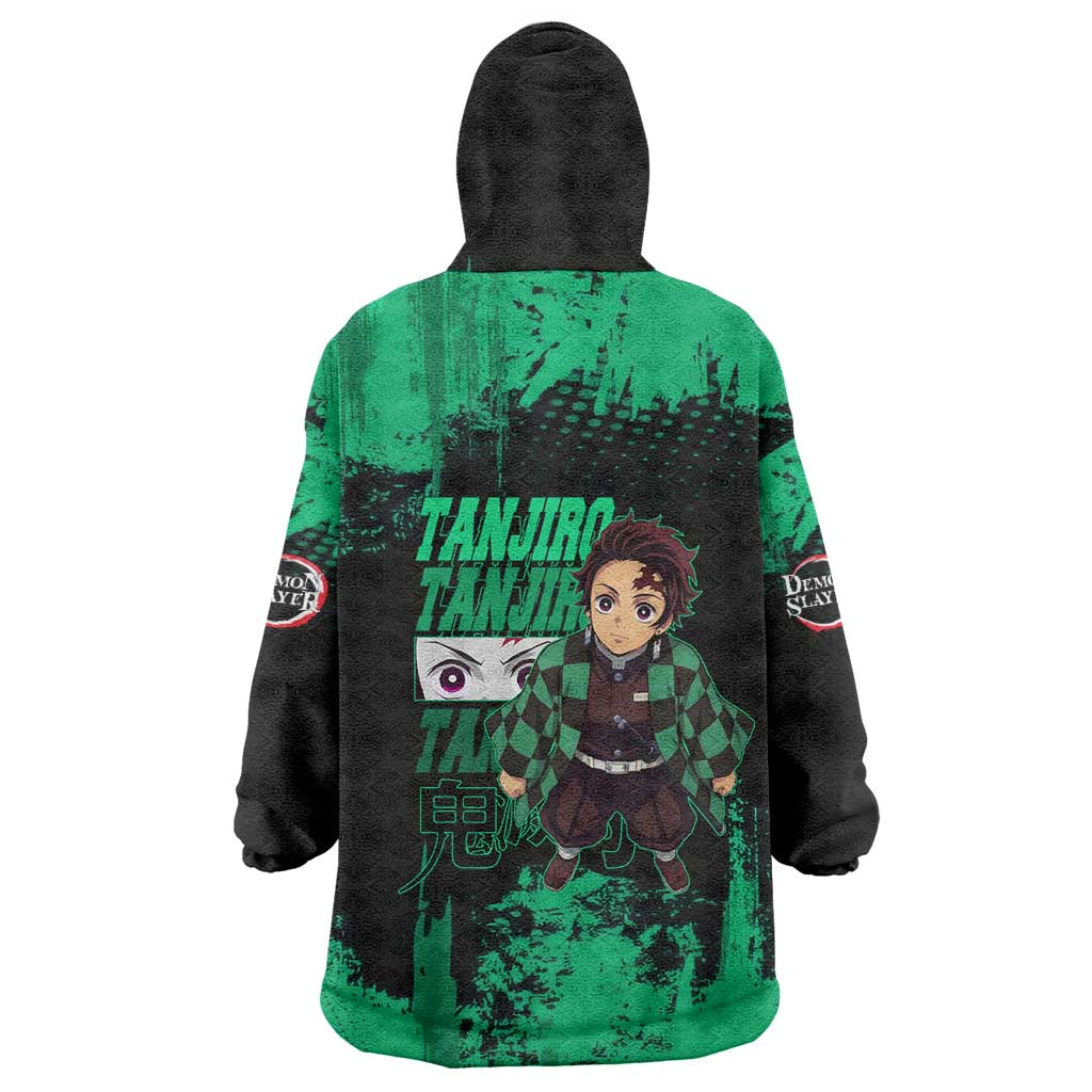 Tanjiro Kamado Demon Slayer Green Grunge Design Wearable Blanket Hoodie with Determined Eyes and Classic Checkered Haori - The Mazicc