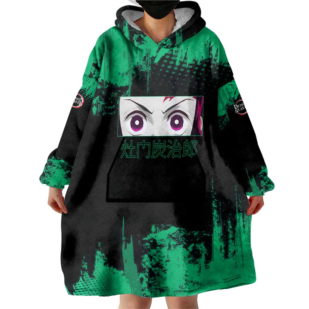 Tanjiro Kamado Demon Slayer Green Grunge Design Wearable Blanket Hoodie with Determined Eyes and Classic Checkered Haori - The Mazicc