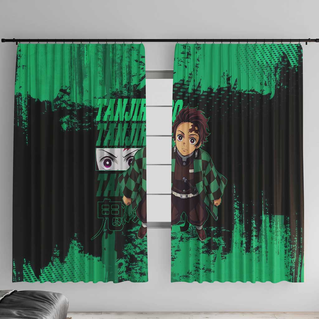 Tanjiro Kamado Demon Slayer Green Grunge Design Window Curtain with Determined Eyes and Classic Checkered Haori - The Mazicc