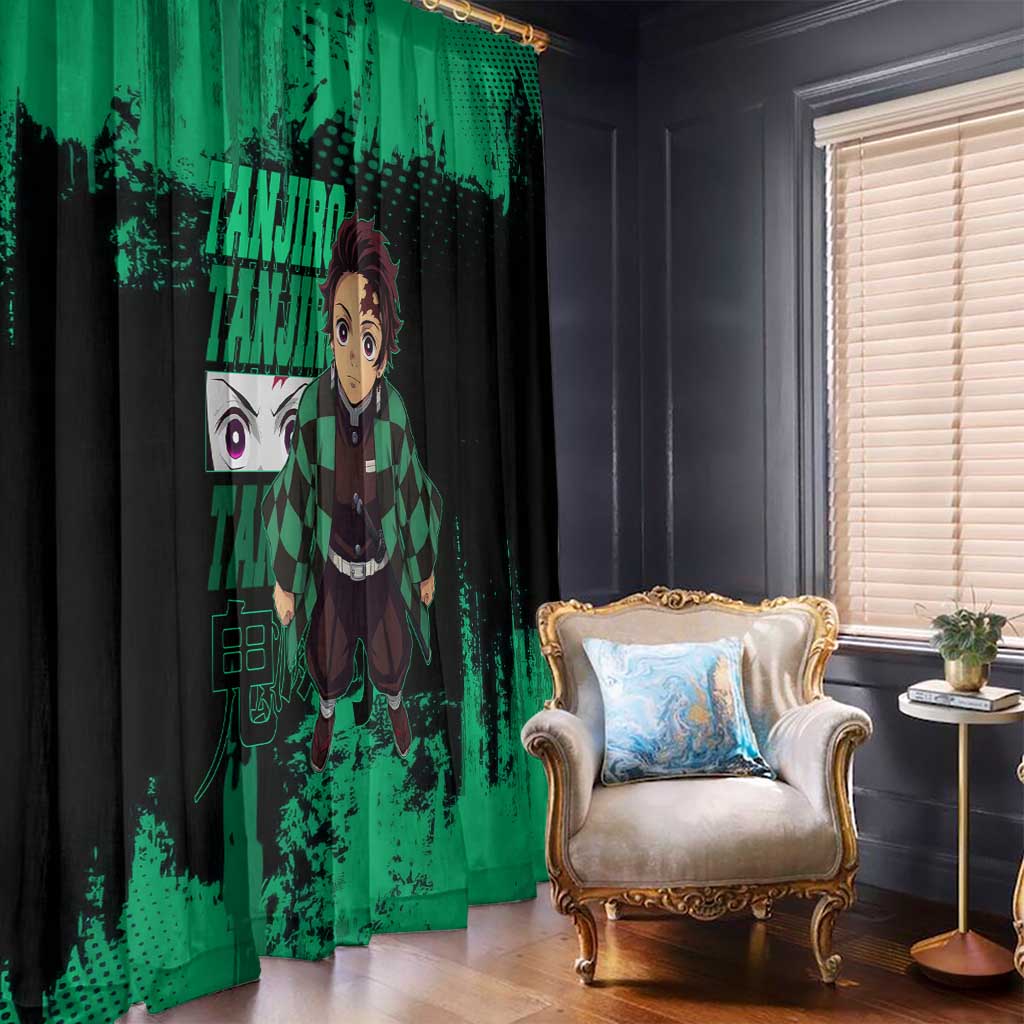 Tanjiro Kamado Demon Slayer Green Grunge Design Window Curtain with Determined Eyes and Classic Checkered Haori - The Mazicc