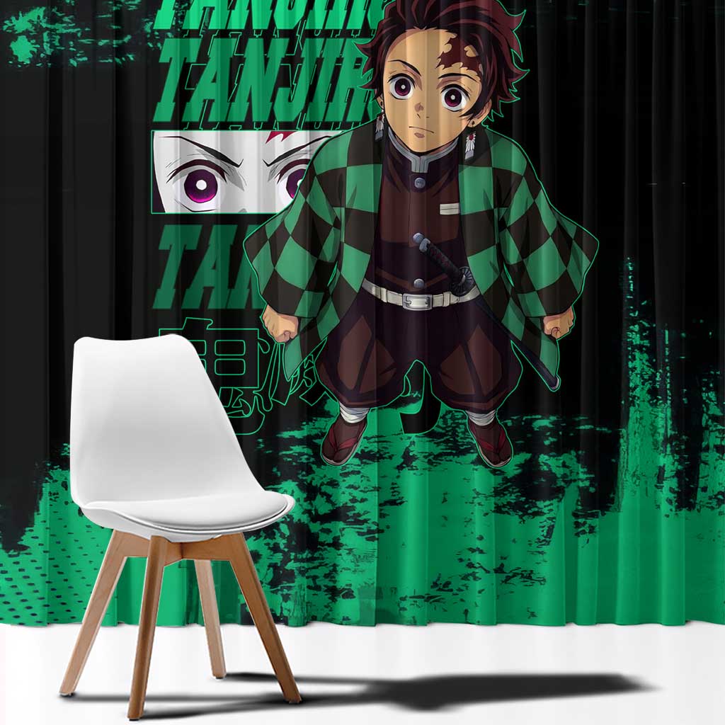 Tanjiro Kamado Demon Slayer Green Grunge Design Window Curtain with Determined Eyes and Classic Checkered Haori - The Mazicc