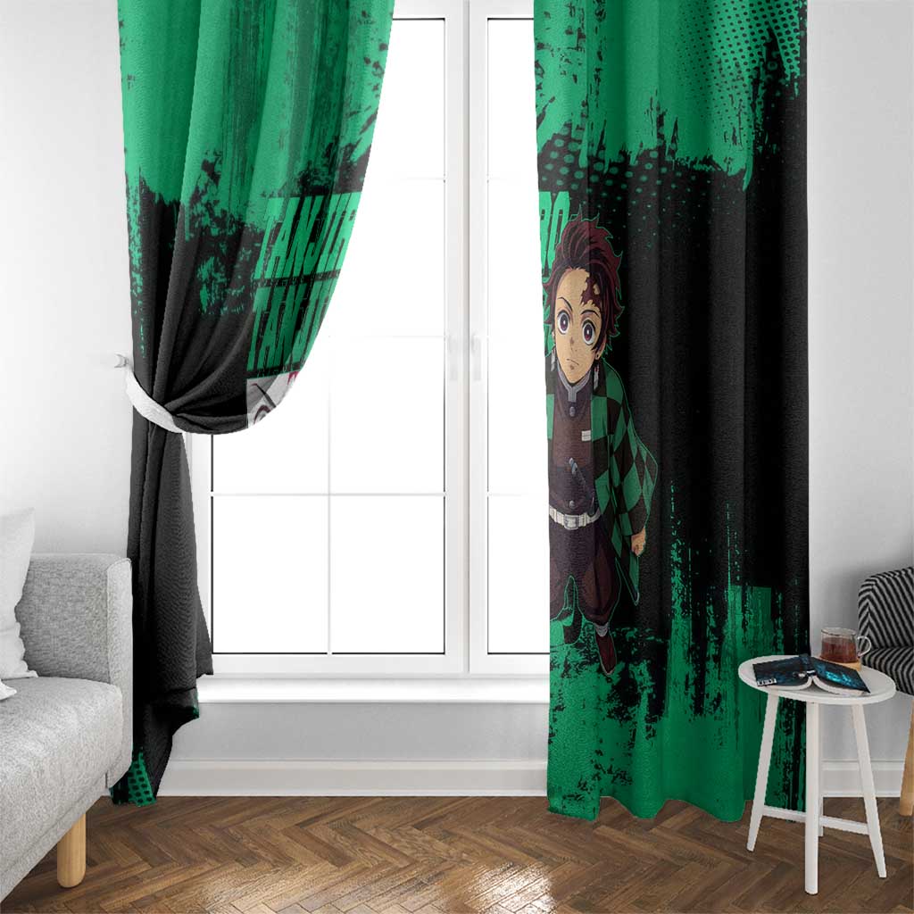 Tanjiro Kamado Demon Slayer Green Grunge Design Window Curtain with Determined Eyes and Classic Checkered Haori - The Mazicc