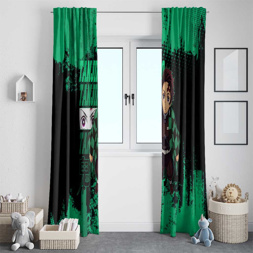 Tanjiro Kamado Demon Slayer Green Grunge Design Window Curtain with Determined Eyes and Classic Checkered Haori - The Mazicc