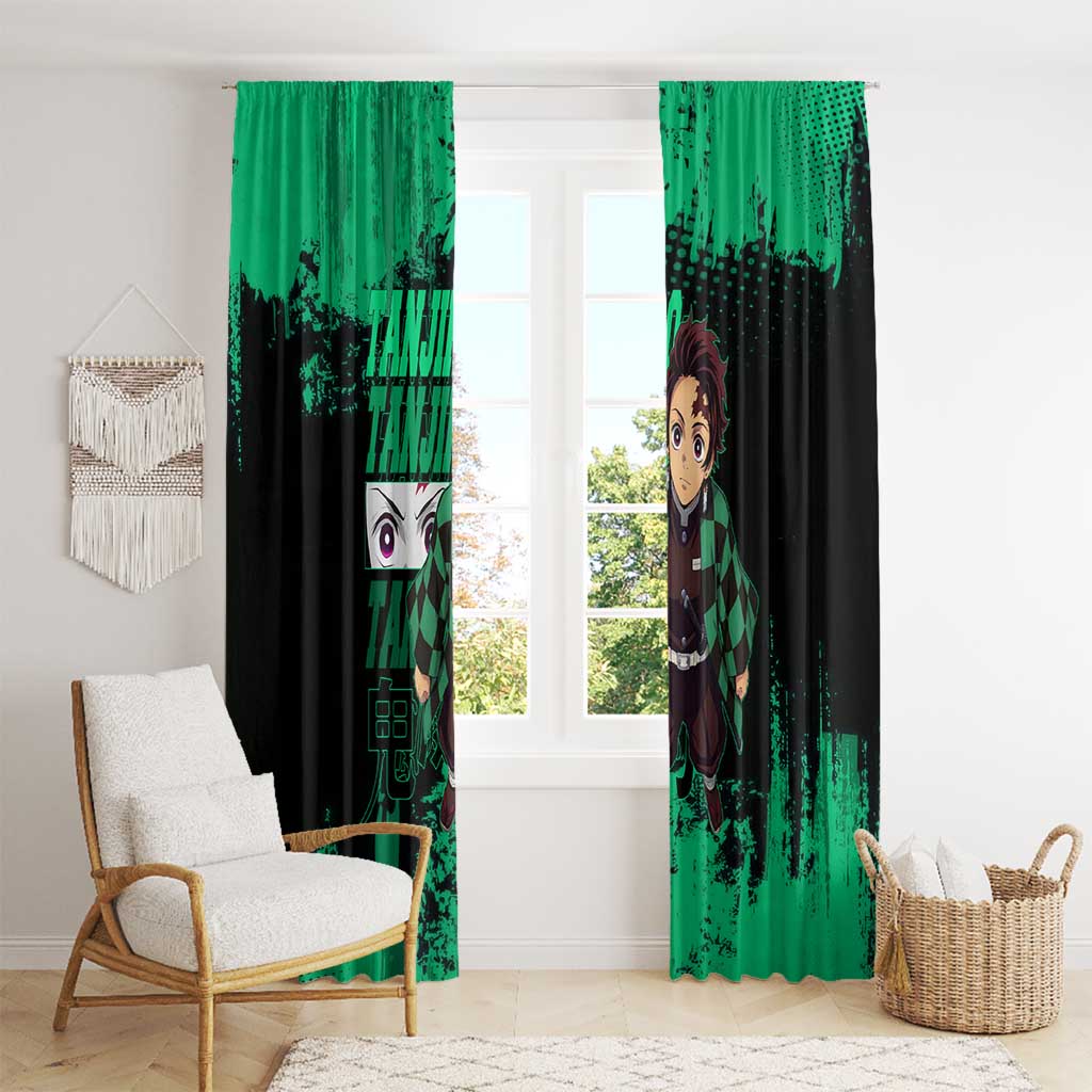 Tanjiro Kamado Demon Slayer Green Grunge Design Window Curtain with Determined Eyes and Classic Checkered Haori - The Mazicc