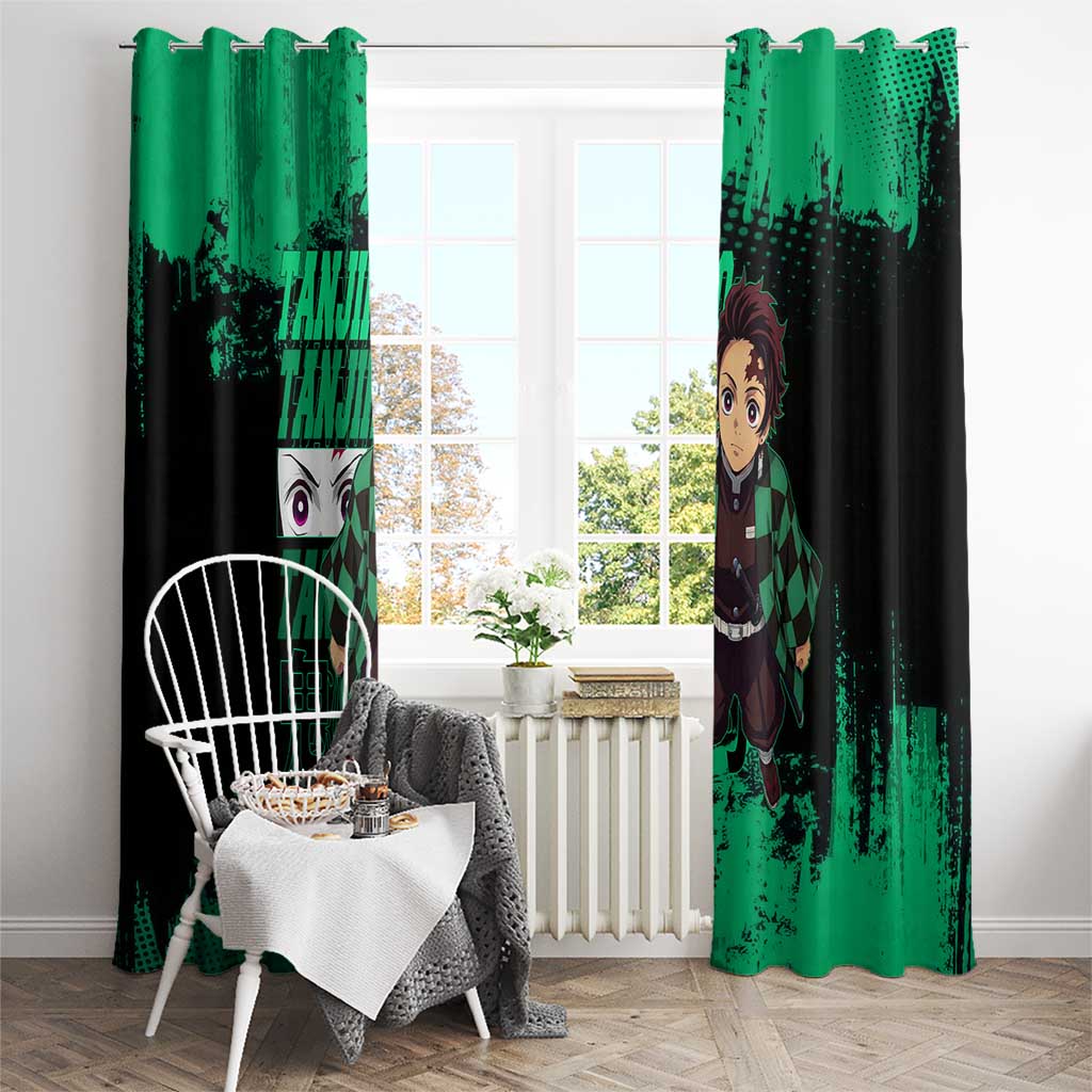 Tanjiro Kamado Demon Slayer Green Grunge Design Window Curtain with Determined Eyes and Classic Checkered Haori - The Mazicc