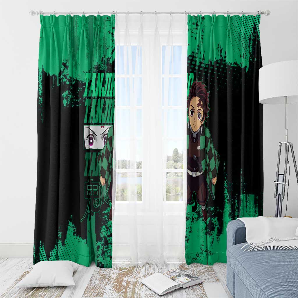 Tanjiro Kamado Demon Slayer Green Grunge Design Window Curtain with Determined Eyes and Classic Checkered Haori - The Mazicc