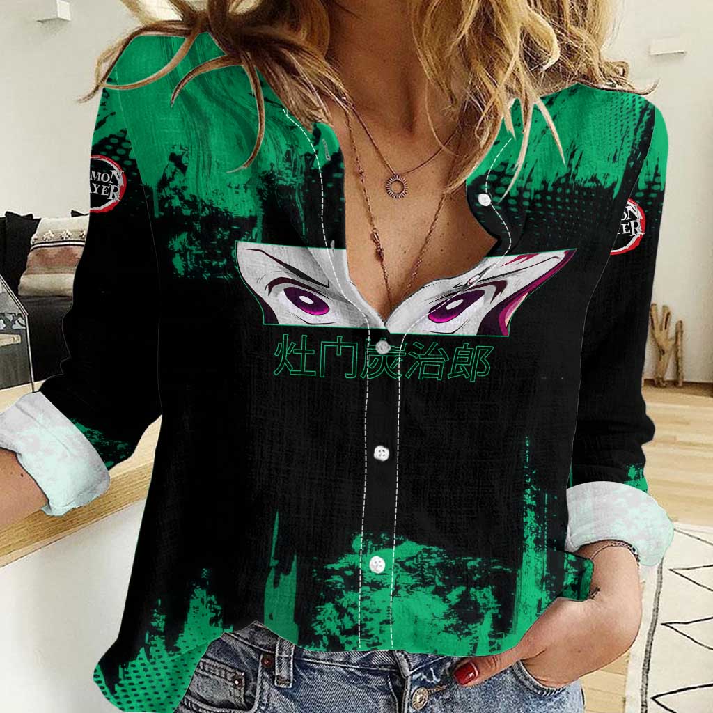 Tanjiro Kamado Demon Slayer Green Grunge Design Women Casual Shirt with Determined Eyes and Classic Checkered Haori - The Mazicc