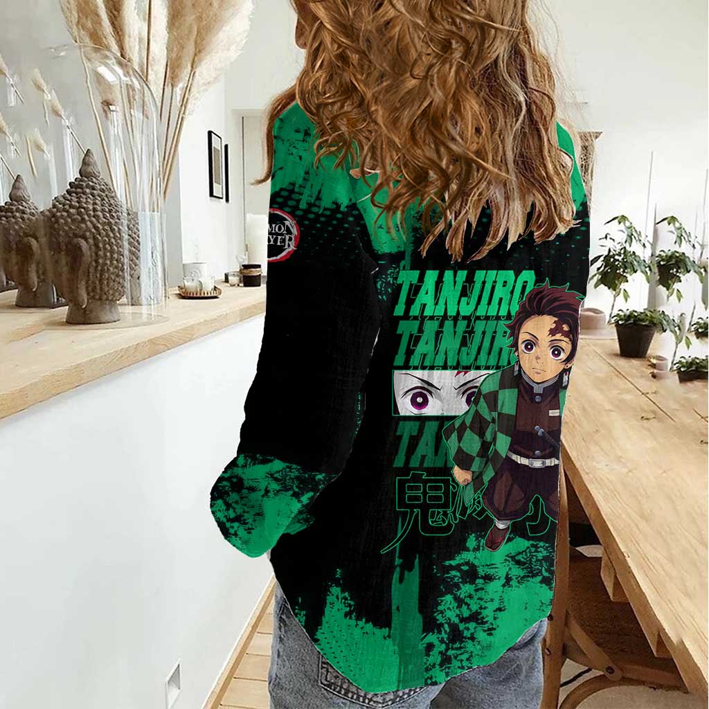Tanjiro Kamado Demon Slayer Green Grunge Design Women Casual Shirt with Determined Eyes and Classic Checkered Haori - The Mazicc