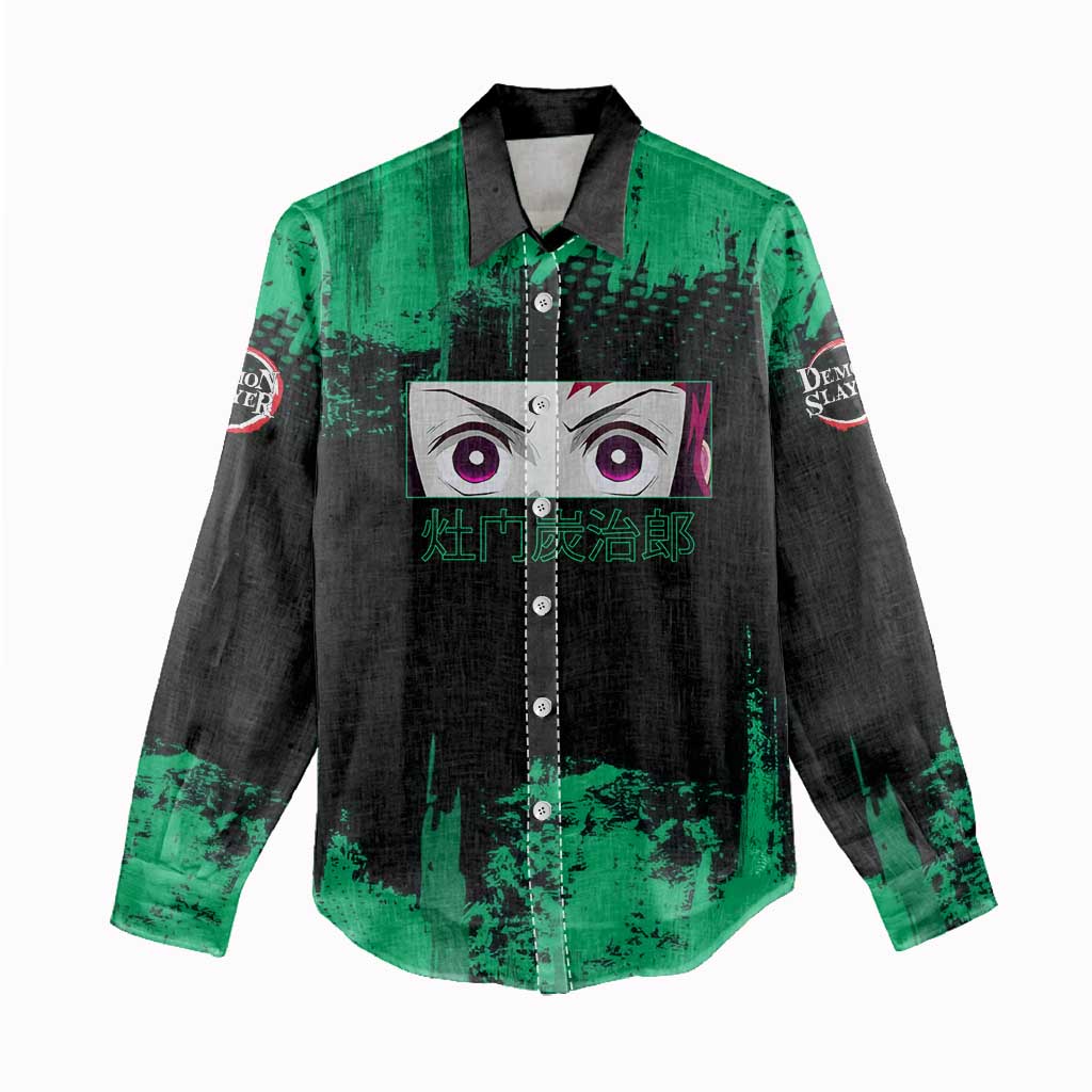 Tanjiro Kamado Demon Slayer Green Grunge Design Women Casual Shirt with Determined Eyes and Classic Checkered Haori - The Mazicc