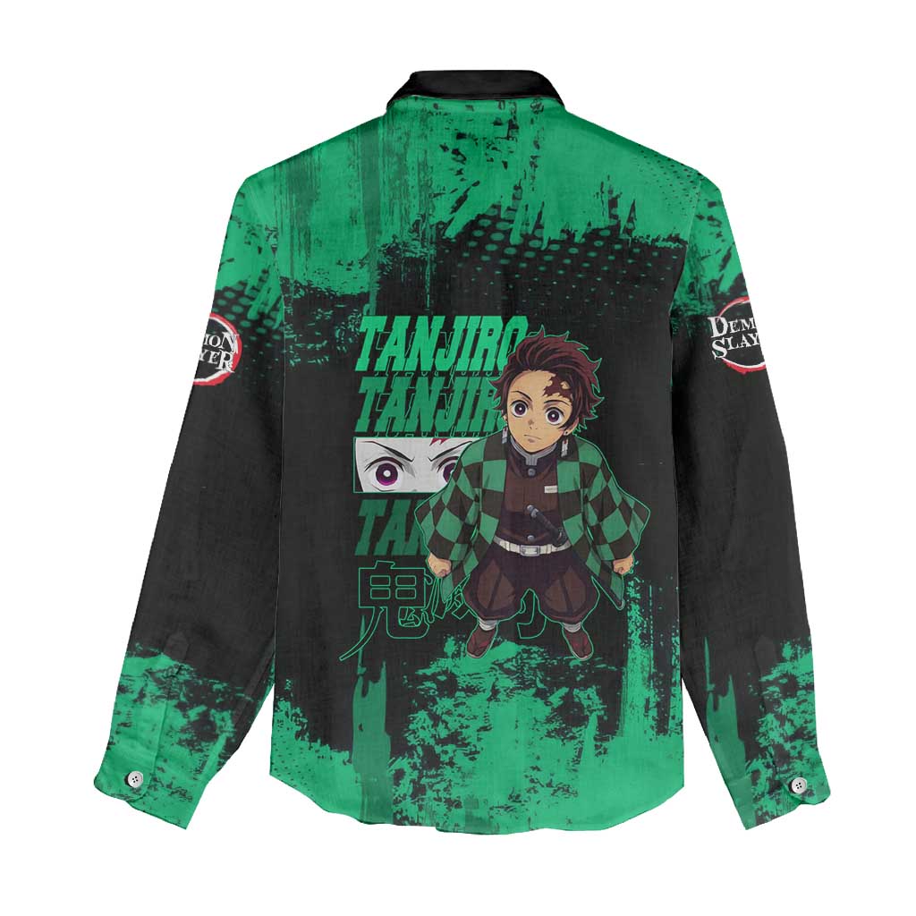 Tanjiro Kamado Demon Slayer Green Grunge Design Women Casual Shirt with Determined Eyes and Classic Checkered Haori - The Mazicc