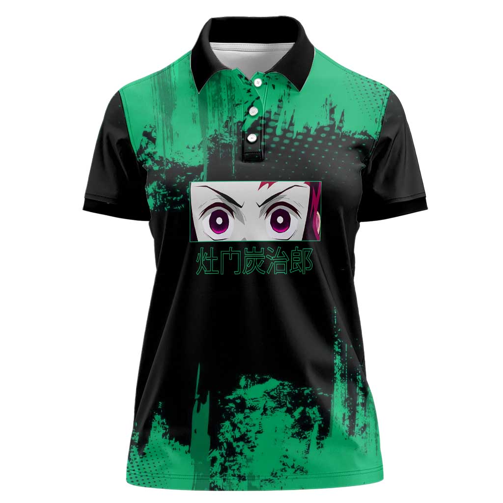 Tanjiro Kamado Demon Slayer Green Grunge Design Women Polo Shirt with Determined Eyes and Classic Checkered Haori - The Mazicc