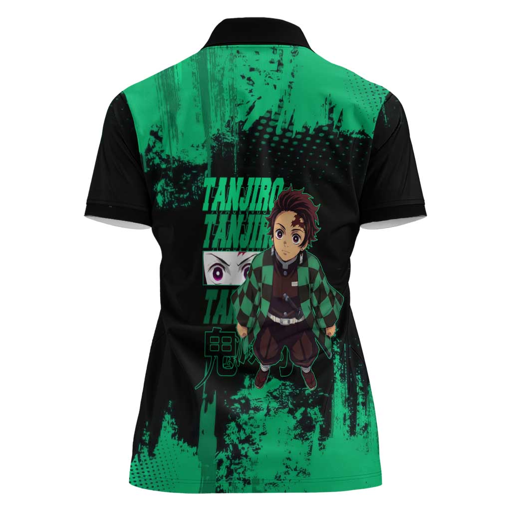 Tanjiro Kamado Demon Slayer Green Grunge Design Women Polo Shirt with Determined Eyes and Classic Checkered Haori - The Mazicc