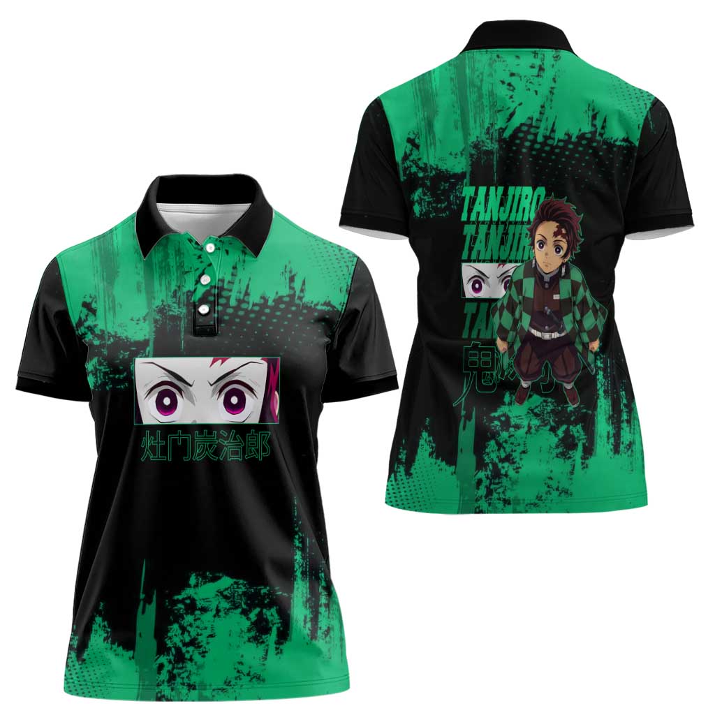 Tanjiro Kamado Demon Slayer Green Grunge Design Women Polo Shirt with Determined Eyes and Classic Checkered Haori - The Mazicc
