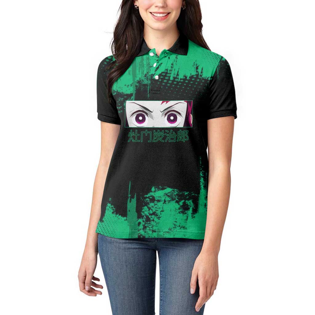 Tanjiro Kamado Demon Slayer Green Grunge Design Women Polo Shirt with Determined Eyes and Classic Checkered Haori - The Mazicc