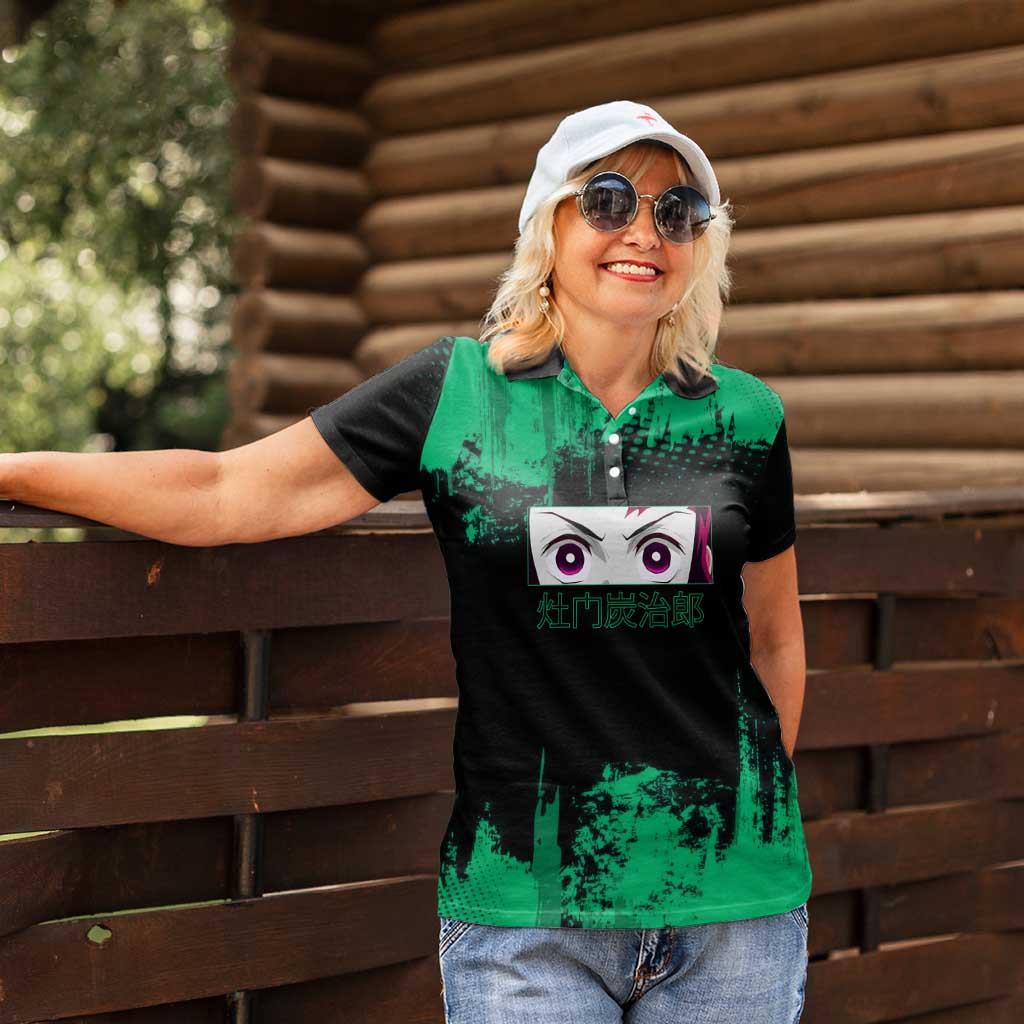 Tanjiro Kamado Demon Slayer Green Grunge Design Women Polo Shirt with Determined Eyes and Classic Checkered Haori - The Mazicc
