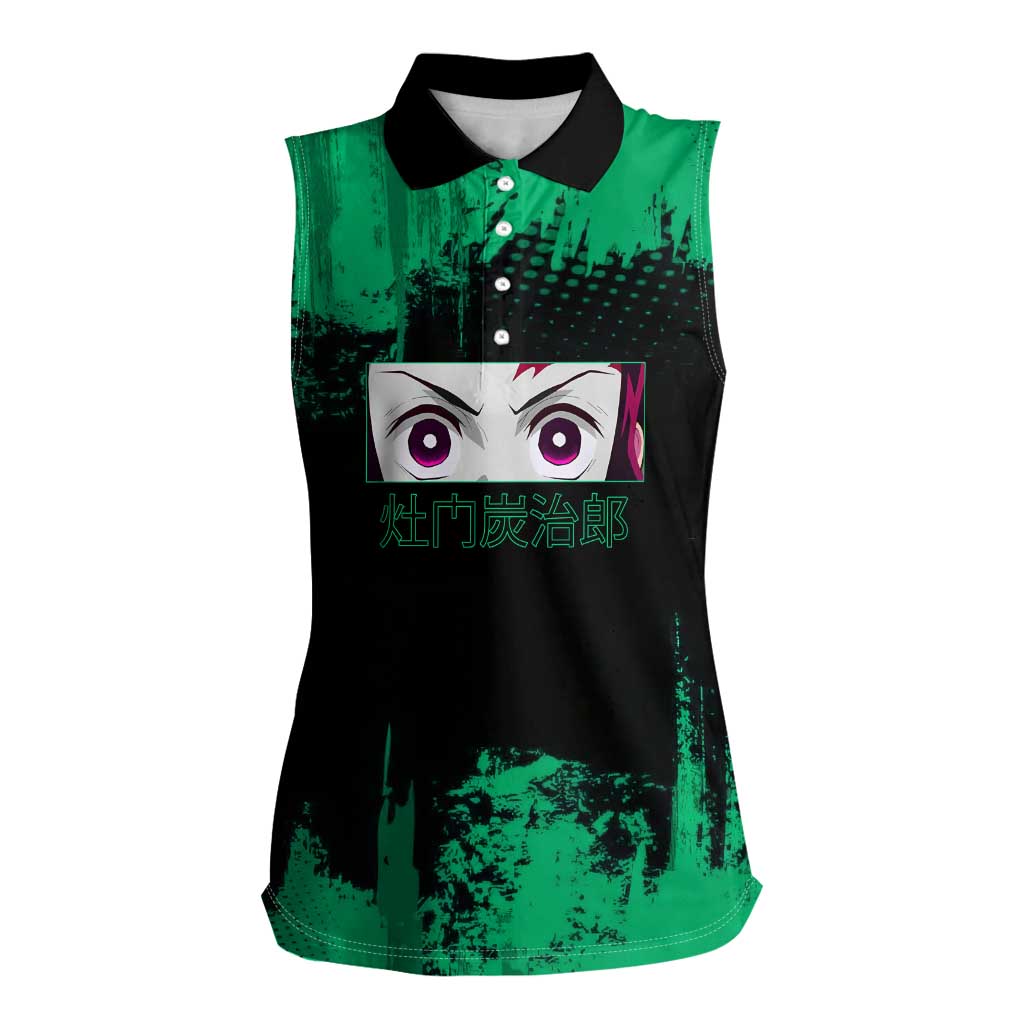 Tanjiro Kamado Demon Slayer Green Grunge Design Women Sleeveless Polo Shirt with Determined Eyes and Classic Checkered Haori - The Mazicc