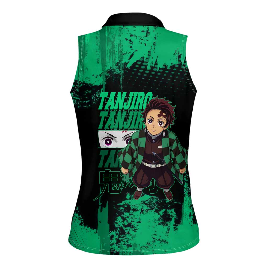 Tanjiro Kamado Demon Slayer Green Grunge Design Women Sleeveless Polo Shirt with Determined Eyes and Classic Checkered Haori - The Mazicc