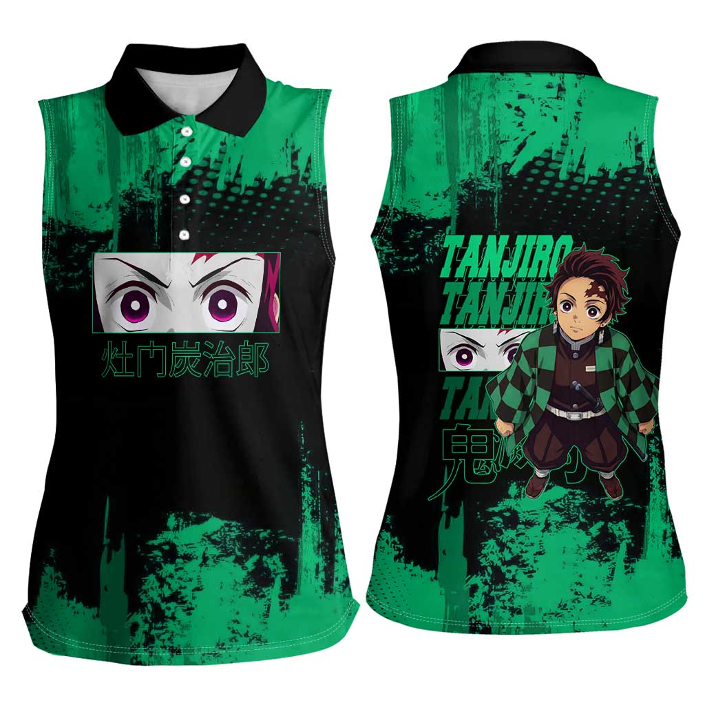 Tanjiro Kamado Demon Slayer Green Grunge Design Women Sleeveless Polo Shirt with Determined Eyes and Classic Checkered Haori - The Mazicc