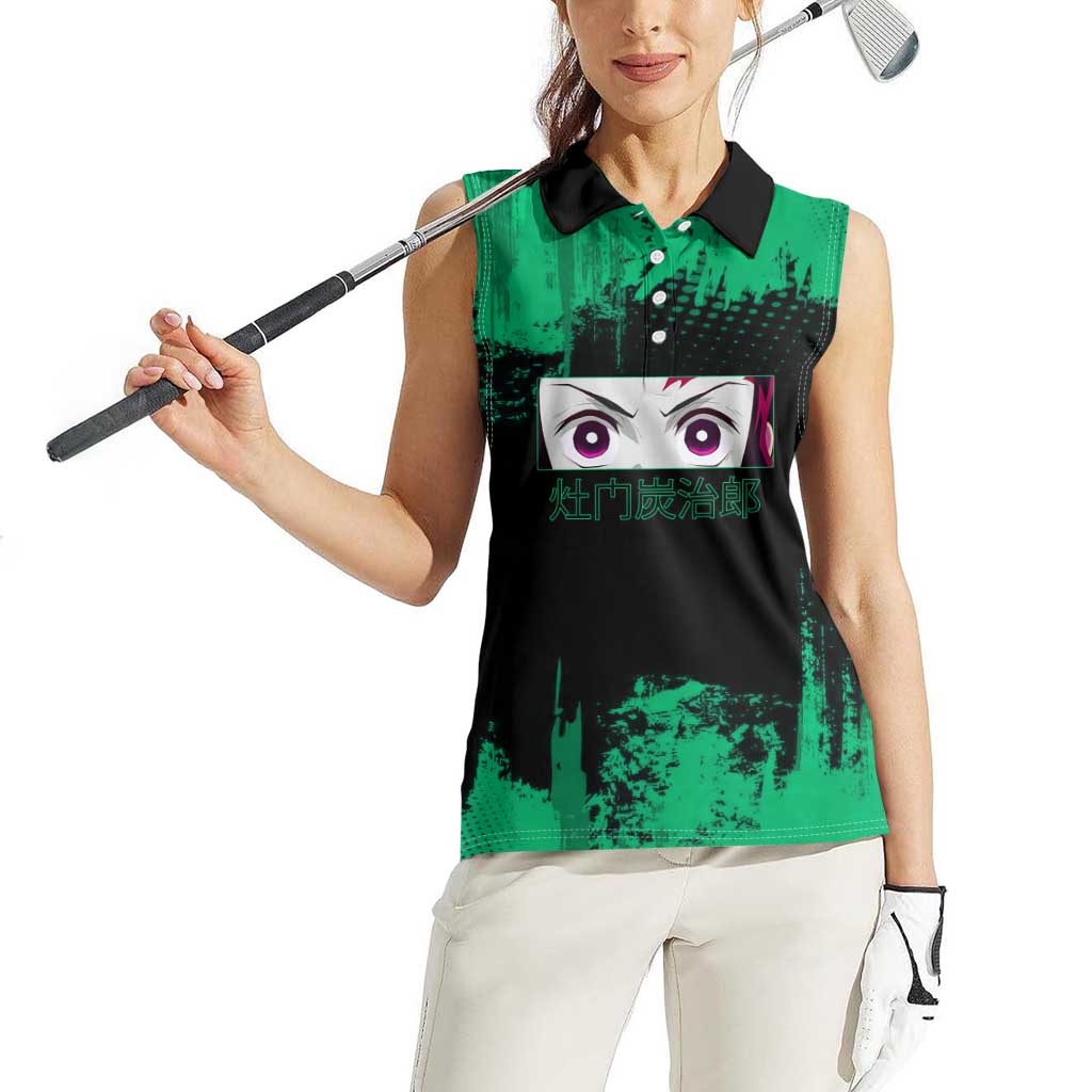 Tanjiro Kamado Demon Slayer Green Grunge Design Women Sleeveless Polo Shirt with Determined Eyes and Classic Checkered Haori - The Mazicc