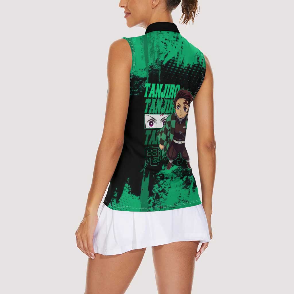 Tanjiro Kamado Demon Slayer Green Grunge Design Women Sleeveless Polo Shirt with Determined Eyes and Classic Checkered Haori - The Mazicc