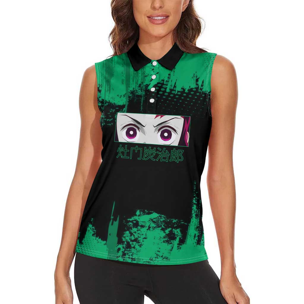 Tanjiro Kamado Demon Slayer Green Grunge Design Women Sleeveless Polo Shirt with Determined Eyes and Classic Checkered Haori - The Mazicc